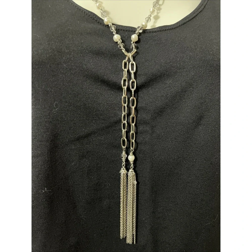 Premier Designs Pearlfection Elongated Silver Tone Chain Faux Pearls Tassels